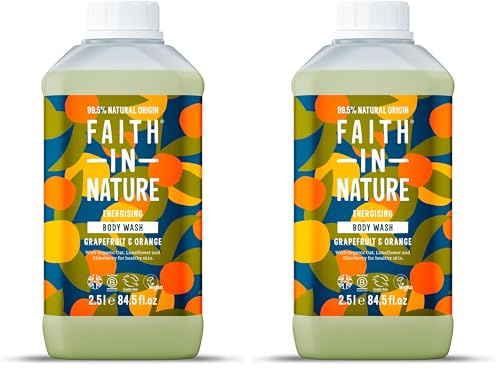 Faith In Nature Natural Grapefruit & Orange Body Wash, Energising Shower Gel, Vegan & Cruelty Free, No SLS or Parabens, 2.5L Refill (Pack of 2)