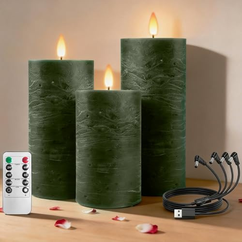 RosMank 3er Set LED-Kerzen, mit 10-Tasten-Fernbedienung, Flammenlos, aus Echtem Wachs, Dekoration für Weihnachten, Geburtstag, Hochzeit und Party, Grün