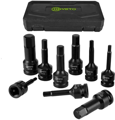 HOYETO 1/2 Drive Impact Hex Bit Socket Set H5-H10, Cr-Mo, for Auto Repair | Allen Bit Set, Heat-Treated for High Torque, Black Oxide Anti-Rust, Non-Slip Fit, for impact wrench, Truck, Motorcycle & DIY