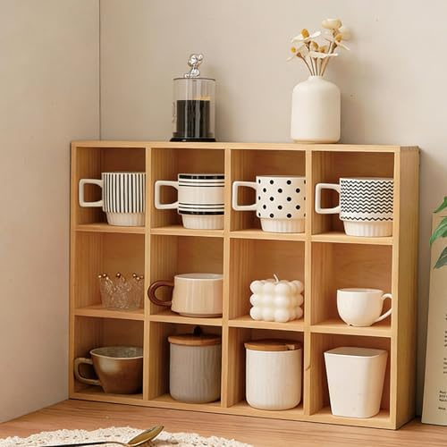 Xalteafe Wall Mounted Wooden Curio Shadow Box Shelf,Grid Vintage Coffee Mug Display Rack,Rustic Shot Glass Display Case,Display Shelf For Collectibles,Save Space,For Teapot Ornament，