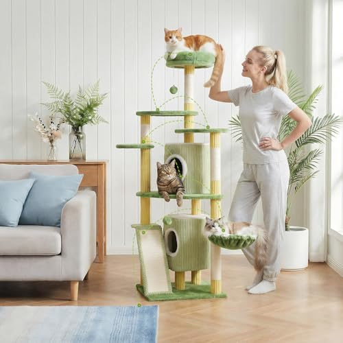 Árbol rascador para Gatos XXL 155 cm, Multi-Nivel con 2 Camas, Hamaca y Escalera, Postes de sisal, Ideal para Gatos Grandes y hogares con Varios Gatos, Color Verde