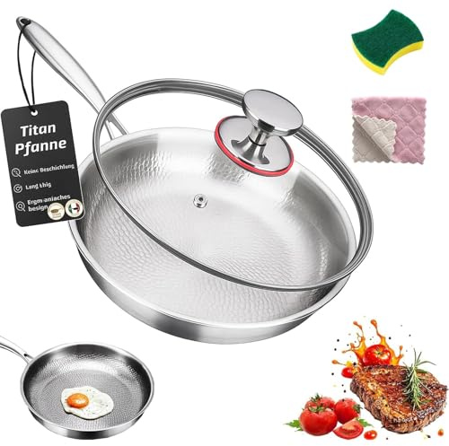 Sarten Acero 304, Sartén De Titanio Puro Antiadherente Con Estructura Tricapa, Cocción rápida y uniforme, Ultrarresistente Y Fácil De Limpiar, Mango ergonómico, Apto inducción, Gas (20cm, Con Tapa)