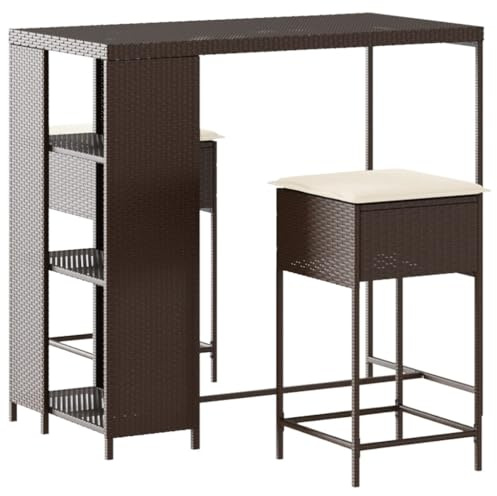 QJBSAVVA 3-TLG Gartenbar-Set mit Kissen Braun Poly Rattan Outdoor Tresen-Set mit Barhocker und Bartisch für Garten Terrasse Balkon Wetterschutz-Empfehlung