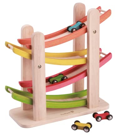 EverEarth Auto-Rennbahn aus nachhaltigem Holz – Bunte Spielzeug-Rennbahn mit Mehreren Ebenen und Autos – Umweltfreundliches Lernspielzeug zur Förderung von Motorik – EE30942