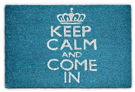 Relaxdays Fußmatte Kokos KEEP CALM 40 x 60cm Kokosmatte mit rutschfester PVC Unterlage Fußabtreter aus Kokosfaser als Schmutzfangmatte und Sauberlaufmatte Fußabstreifer für Außen und Innen Matte, blau