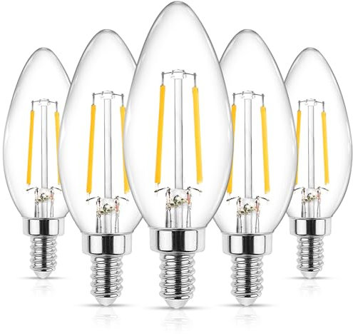 Ascher Bombilla LED E12 clásica transparente para candelabro, 4 W, equivalente a 40 W, blanco cálido 2700 K, no regulable, filamento de vidrio transparente, paquete de 5