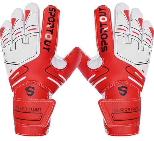 Sportout Torwarthandschuhe, Fußballhandschuhe mit Fingersave, Torwarthandschuhe Kinder,Herren mit rutschfeste 4mm Latex, Torwart Handschuhe für Kinder, Erwachsene und Jugendliche (Red, 8)