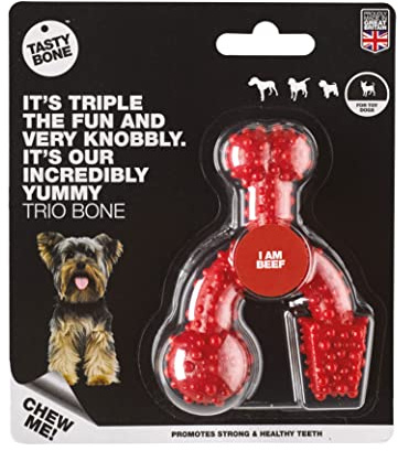 TastyBone TrioBone Nylon Dog Chew Toy for Toy Dogs (Beef) - Indestructible for Aggressive Chewers, Everlasting Flavour, Strong Healthy Teeth, Made in the UK