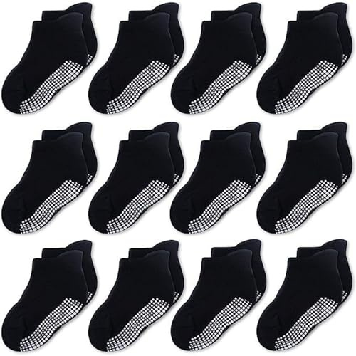 CozyWay Non-Slip Ankle Style Socks Baby Socks Toddler Socks with Grippers, 12 Pack for Baby Boys and Girls, Solid Black, 3-5 Years