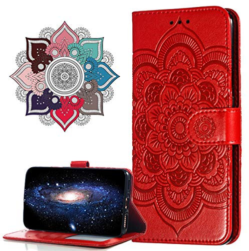 MRSTER Funda para iPhone 11, Estampado Mandala Libro de Cuero Billetera Carcasa, PU Leather Flip Folio Case Compatible con Apple iPhone 11 6.1 (2019). LD Mandala Red