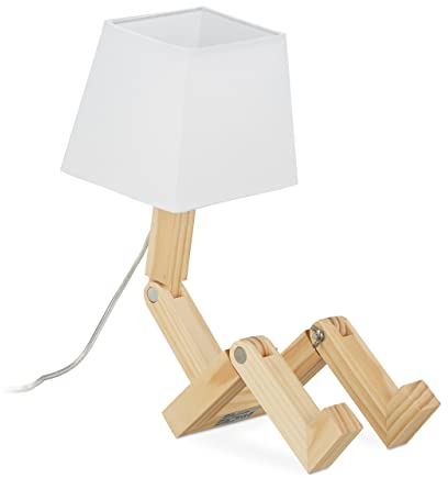 Relaxdays Tischlampe Roboter, verstellbar, Lampenschirm, originell, Schreibtischlampe HxBxT: 42x18x32 cm, Holz, natur, Weiß