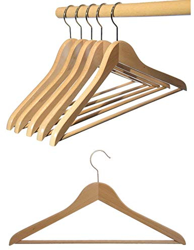Hagspiel Wooden Clothes Hangers Made of Beech Wood, Natural Lacquered (Water Varnish), Nickel-Plated Rotating Metal Hook, Made in Austria (35 Pieces with Bridge)