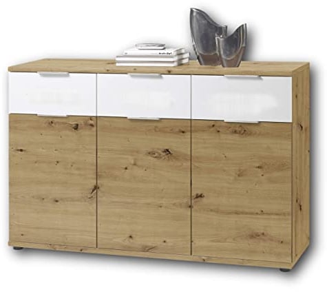 Stella Trading Universal Kommode in Artisan Eiche Optik, weiß - Schlichtes Sideboard mit viel Stauraum für Ihren Wohnbereich - 135 x 90 x 40 cm (B/H/T)