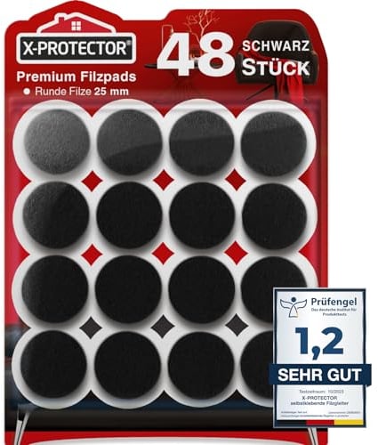 X-Protector Filzgleiter 48 Stück 25 mm - Prämie Möbelgleiter Schwarz - Dicker Filz Selbstklebend - Bodenschoner für Stühle - Große Menge an Filzgleiter Selbstklebend - Schützen Sie Ihre Holzfußböden!