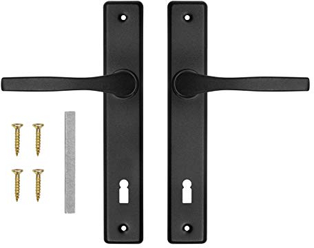 ADGO Poignée de Porte Ensemble de Poignées Droite et Gauche pour Porte à Clé, R=72 mm, Rectangulaire, Poignée en Aluminium pour une Serrure étroite, Plaque d'acier Enduit de Poudre Galvanisée, Noir