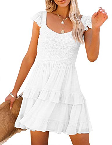 Women Summer Dresses Casual Boho Smocked Ruffles Sun Beach Babydoll Mini Dress Layered Flowy Swing Casaul Dress A-White