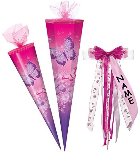 alles-meine.de GmbH 3D Glitzer - Schultüte Form & Größenwahl Schmetterlinge & Blumen - rosa - pink - 85 cm - eckig - incl. individueller großer Schleife - mit Namen - Tüll..