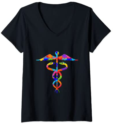 Damen Caduceus Apotheke Apotheker Puzzle Autism Puzzle T-Shirt mit V-Ausschnitt