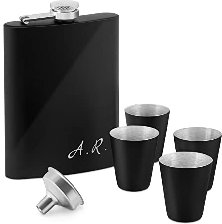 Maverton Flasque personnalisée de 200 ml pour lui - Portable Flasque pour voyageur - Set avec 4 verres à shot - Idee Cadeau Homme - Flasque Whisky - Cadeau Anniversaire Homme - Pour ami - Simplicité