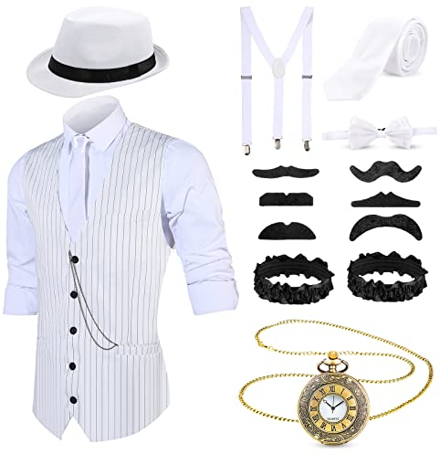 Blulu 1920er Herren Zubehör Gatsby Gangster Kleidung Kostüm Cosplay Outfit mit Weste Fedora Hut Taschenuhr Hosenträger Fliege für Mann Halloween Cosplay (XL, Weiß Schwarz Streifen)