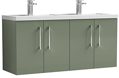 nuie ARN823C Arno Modern Bathroom Wall Hung 4 Door Double Vanity Unit with Twin Polymarble Basin, 1200mm, Satin Green