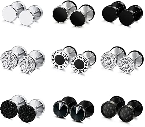 9Paare Ohrringe Herren Ohrstecker Schwarz Edelstahl Ohrringe Männer Silber Hypoallergen Piercing Ohr Schwarz Fake Plugs Tunnel Piercings Faux Gauges Herrenohrringe Set