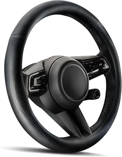 HOTOR Car Steering Wheel Cover - Universal Car Accessory for Diverse Cars, Leather Cover with Anti-Slip Lining, for Steering Wheel with a Diameter of 14.5-15,Black