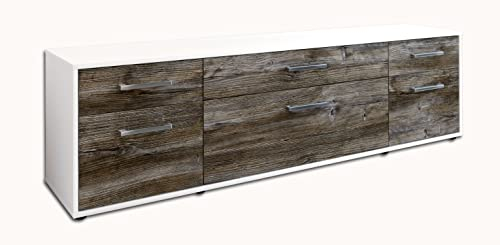 Lqliving TV-Board Lowboard Beppa, Korpus in Weiss matt, Front im Holz-Design Treibholz (180x49x35cm), mit Metall Griffen, Made in Germany
