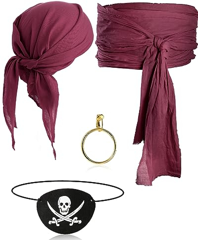 Didaey 5-teiliges Piratenkostüm-Zubehör-Set, Piraten-Augenklappe, große Schärpe, Stirnband, Halskette, Ohrring für Damen und Herren (weinrot)