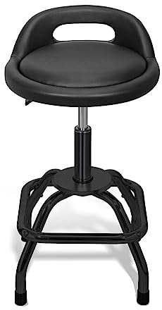 TYPE S TOURING ITEMS Shop Stool Garage Bar Stool, PU Leather Round Rolling Stool with Padding and Lumbar Support, Swivel Adjustable Height Stool - Black