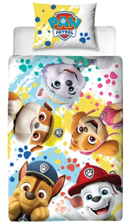 Paw Patrol Character World Offizielles Bettwäsche-Set für Einzelbett, Splodge-Design, wendbar, 2-seitig, inklusive passendem Kissenbezug, Markenmotiv, Polycotton