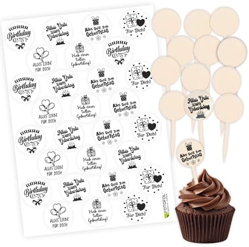 FOTOFOL Cupcake Stecker 12er Set aus Holz mit Aufklebern- Muffin Cupcake Topper- Geburtstag Feier Kuchenstecker (Transparent)