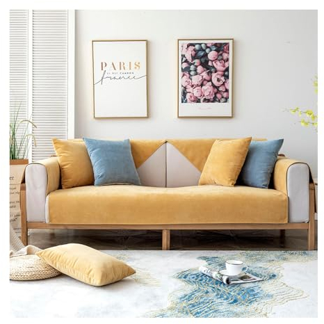 Tauzveok Chenille Sofabezug, 3 2 1 4 Sitzer Sofaschoner rutschfest, Sofadecken Für Sitzfläche, Für L Form, U Form, Ecksofa Sofahusse,Gelb,110 * 110cm