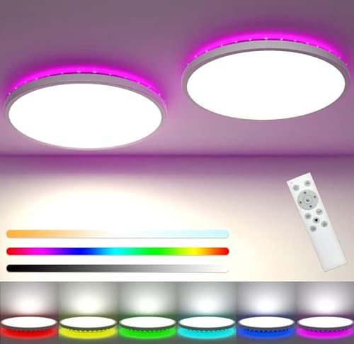 zemty 2 Stück 30CM LED Deckenleuchte Dimmbar 3000K-6500K, 24W 3200LM RGB Deckenlampe Farbwechsel mit Fernbedienung, Wasserfest Badezimmer Lampe Decke für Kinderzimmer Wohnzimmer Schlafzimmer