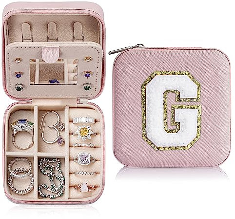 TINGN Klein Schmuckschatulle Mädchen, Reise Buchstaben Schmuckschatulle Mädchen | Kleine Schmuck Organizer Box | Reise Schmuckkästchen Mädchen | Mini Reise Schmuckkästchen Damen Buchstaben G Rosa