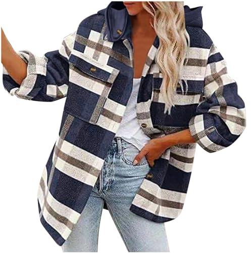 Shirt Damen Hochzeit Hemd Knöpfen Kapuze Flanell Lässige Herbst Karier Hemder Woman Bequemer Plus Size Lange Ärmel Luftige Marine