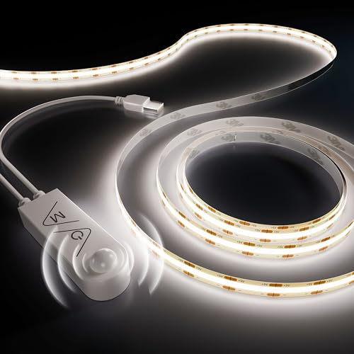 PAUTIX Motion Sensor USB COB LED Strip 2M Daylight White 6000K, 5V Movement Activated Auto ON/Off LED Tape, Dimmable 640LEDs Bright Lights, PIR Sensing LED Strips for Stairs, Under Bed, Mirror,Cabinet
