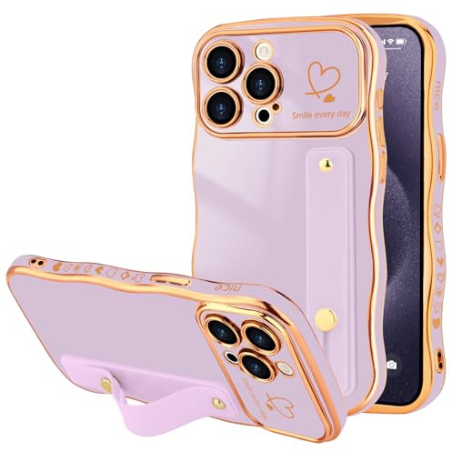LLZ.COQUE for iPhone 14 Pro Wristband Case Wave Frame Plaitng Heart | Adjustable Hand Strap Stand Cover, Cute Love-Heart with Luxury Plating Wavy Frame, Shockproof Bumper Phone Case, Light Purple