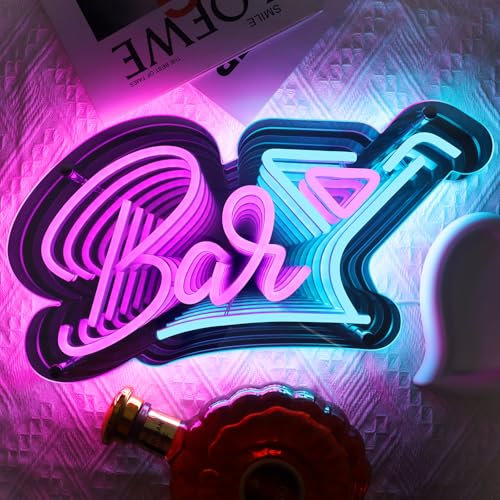 LED Bar Neon Signs, 15''x 9.3'' Dimmable Bar Sign for Business, USB Powered 3D Infinity Mirrored Tunnel Light Up Signs for Bars, Party, Decor, Gift, Man Cave(Blue&Pink)