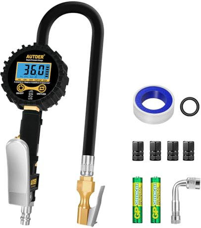 AUTDER Digital Tire Pressure Gauge with LCD Display, 250 PSI, 3-in-1 Inflator, Heavy-Duty Rubber Hose, and Quick Connect Coupler – For Cars, Trucks, Motorcycles, Bicycles, and Sports Balls, Yellow