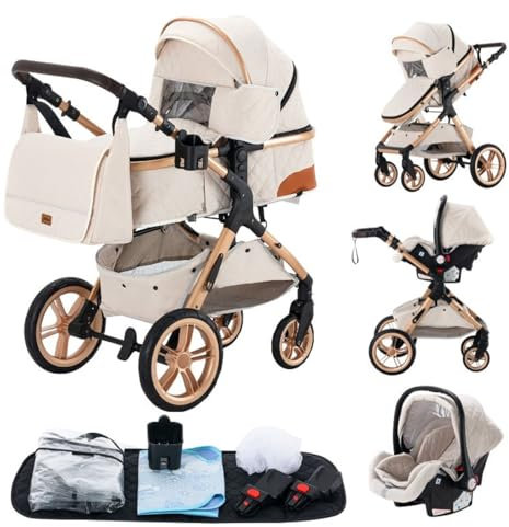 GLOKID Kinderwagen 3 in 1,Reisesysteme, Buggy mit Umkehrbarem Zwei-Wege-Schub,Babywanne Buggy&Sportsitz,Voll-Gummireifen,Mit Einem Klick Zusammenklappbarer,Zubehör,Tragbarer (LQL XX1 Cremefarbe)