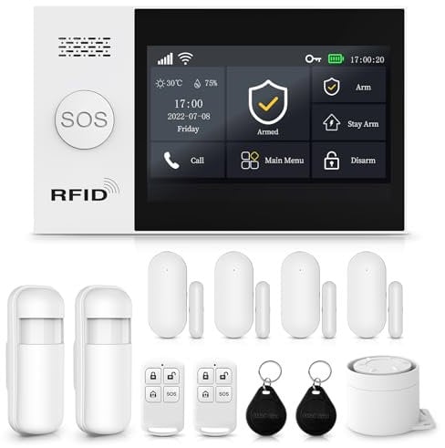 XNY Schermo Tattile Completo Allarme Casa Senza Fili 4G, Allarme Casa WiFi con Sirena, Antifurto Casa Wireless con Avviso APP, 12 Pezzi: Sensore di movimento, Sensore per Porte e Finestre, Telecomando