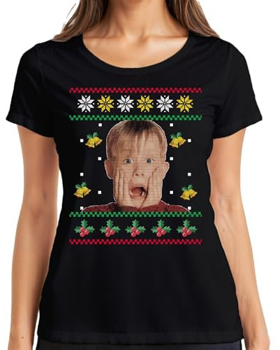 Kevin Allein Zuhause Ugly Christmas Sweater Weihnachten Damen T-Shirt, Schwarz, M