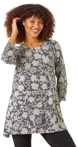 Roman Originals Hanky Hem Tunic Top for Women UK - Ladies Longline Blouse Asymmetric Hemline Casual Slouch Loose 3/4 Sleeves Round Neck Relaxed Comfortable Holiday - Grey Slate - Size 10