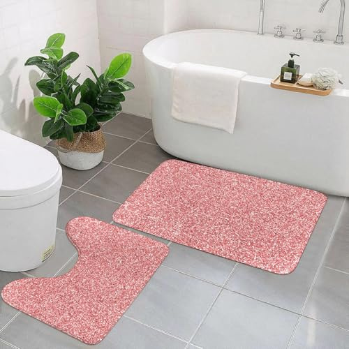 KGDHY 2 Pieces Bath Mat and Toilet Mat Set,Sparkling Glitter Rose Gold Wedding Glitter Star,Pattern Quick Dry Bathroom Mats,Non-slip Bathtub Rug for Bathroom Sink Toilet