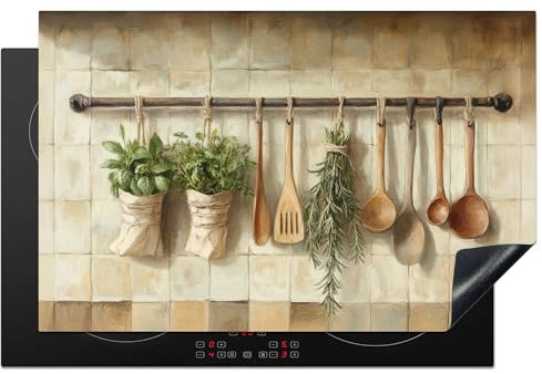 KitchenYeah© Protection Plaque Induction 81x52 cm Protege Deco Cuisine Cache Protège De Cuisson Accessoires Bois - Ustensiles de Cuisine - Nature Morte - Carreaux de Faïence