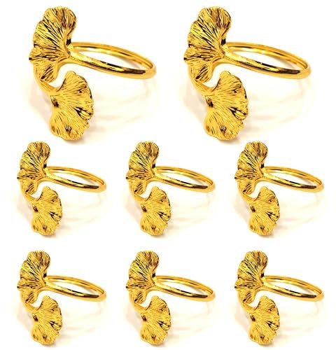 Climple Serviettenringe mit Blättern, 8 Stück – Ginkgo Biloba Blatt Serviettenringe Gold – Herbst Serviettenringe Halter Schnallen für Urlaub, Thanksgiving Esstisch