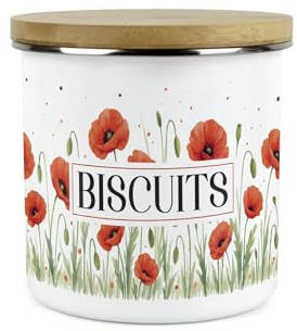 Purely Home Red Summer Poppies Small Biscuits Canister - Poppy Patterned Floral Homewares Gifts - 1.2L Enamel Food Kitchen Storage Container
