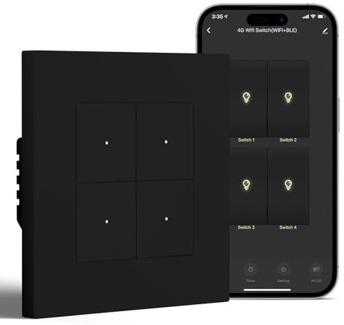 BSEED Smart Interruptor Empotrado 4 Gang 1 Vía Compatible con Alexa/Google Home, WiFi Pulsador de Pared Marco de PC que Funcionan con APP Smart Life/Tuya, Negro(Requiere Cable Neutro)