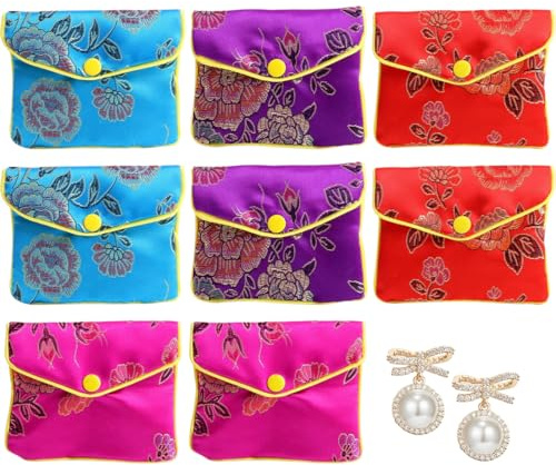 WeddHuis Set aus 8 Schmuckbeutel Geschenk aus Seidenbrokat für Reise-Schmucktasche Damen Kleine Münztasche Hochzeitsgeschenke Gäste 8 x 10 cm